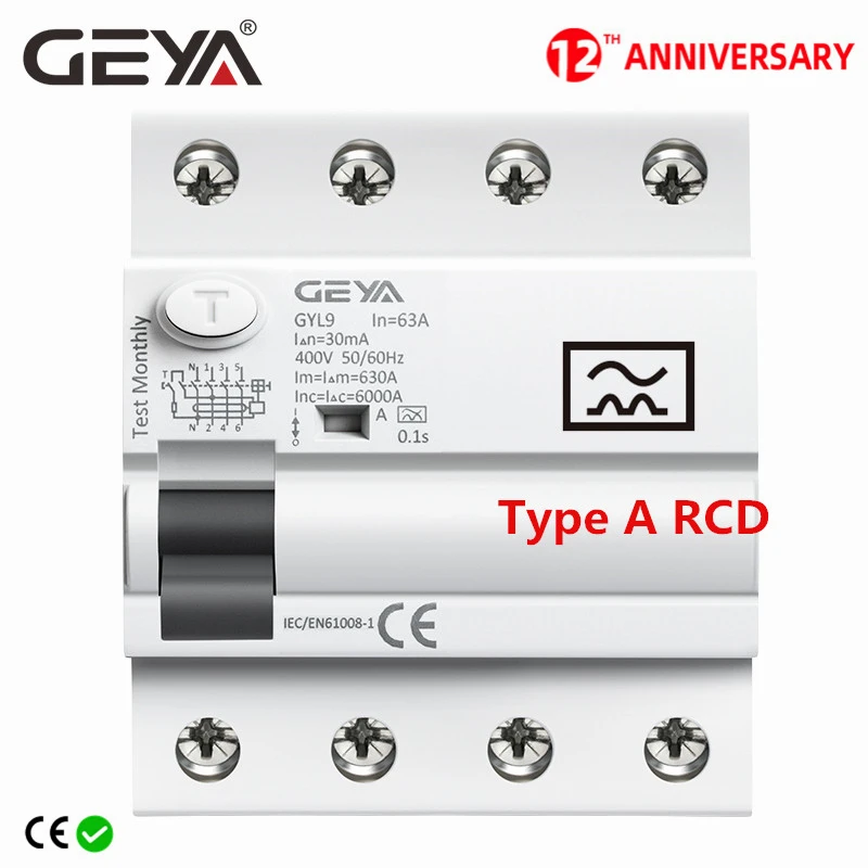GEYA Type A RCD Magnetic Residual Current Circuit Breaker ELCB 3P+N 40A 63A  RCD ELCB Detect Pulsating DC Residual Current