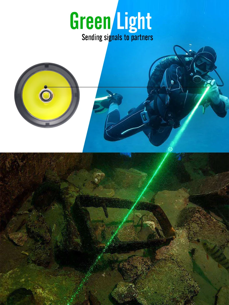 Фото Подводный фонарь Scuba G20 с дальнобойным зеленым светом для ночных тренировок на открытом воздухе и подводных исследований в пещерах. №5