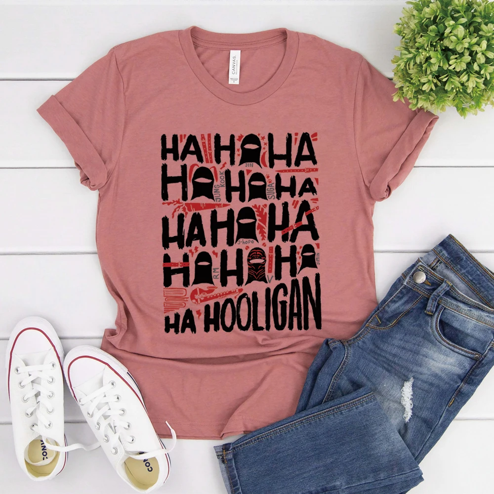 Фото Футболка Hooligan Lyric с забавным принтом K-pop, ретро-футболка с графическим рисунком Ha Ha Ha, концертная футболка в стиле Харадзюку, унисекс, с короткими рукавами, подарки для фанатов №4