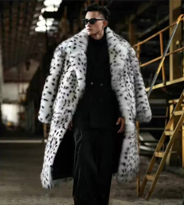 New Leopard Print Fur Integrated Man Coat Long Suit Collar Imitation Fox Fur Coat Trend Winter Warm Fur Jacket