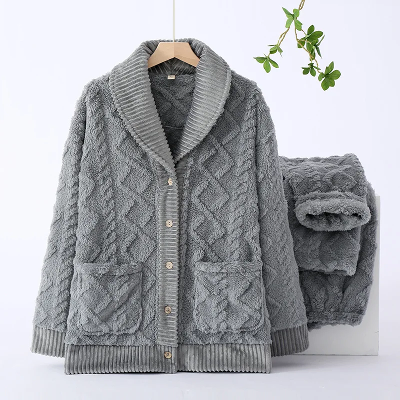 New winter couple pajamas set thickened flannel long-sleeved trousers two-piece set men and women loose home wear pajamas