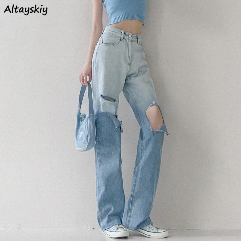 

Jeans Women Baggy Students Hole Panelled Street Wear BF Leisure Summer Джинсы Женские All-match Young Ins Chic Ripped Harajuku