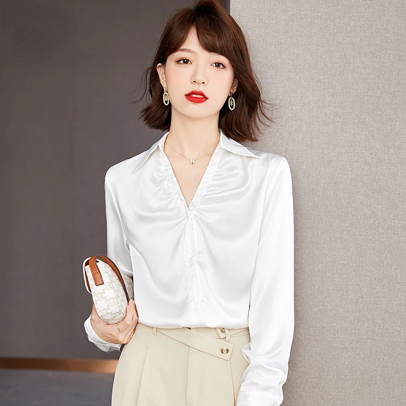 

Атласная шелковая рубашка на пуговицах, винтажная шифоновая рубашка с длинным рукавом, новинка весны, модная женская одежда, европейские ру...