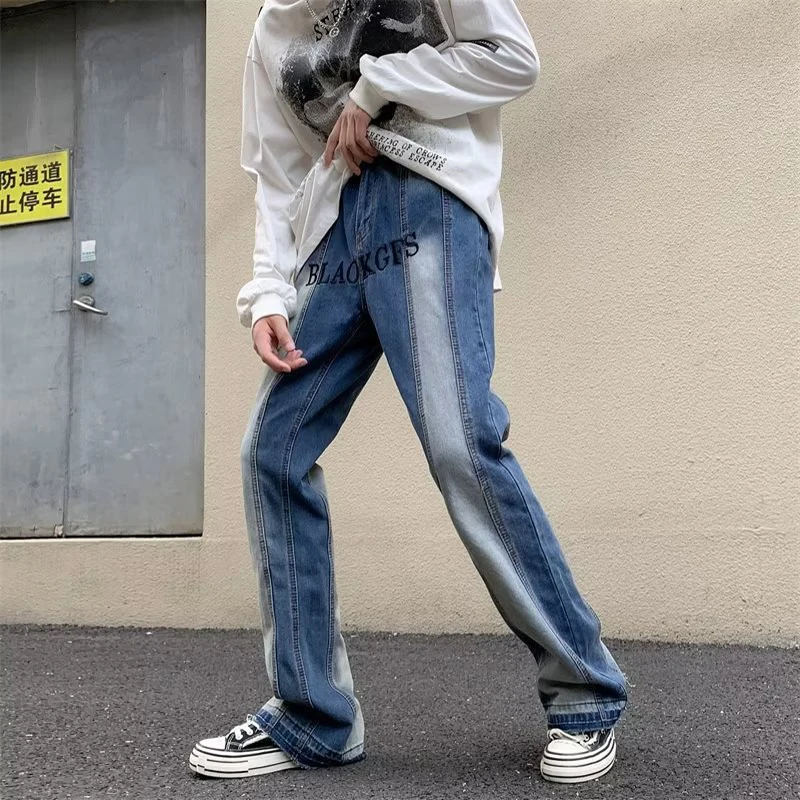 YIHANKE Four Seasons Men Loose Straight Wide Leg Ins Trend Light Color Stitching Pants Fashion Streetwear Ins Hot Selling Denim
