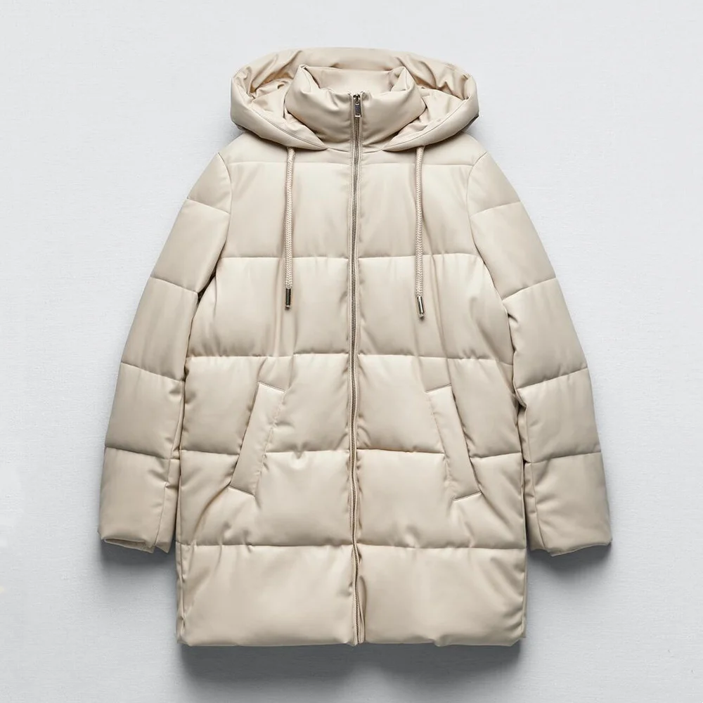 

Зимние женские пальто 2022, модные однотонные теплые пальто средней длины из искусственной кожи, пальто из хлопка с длинным рукавом и капюшон...