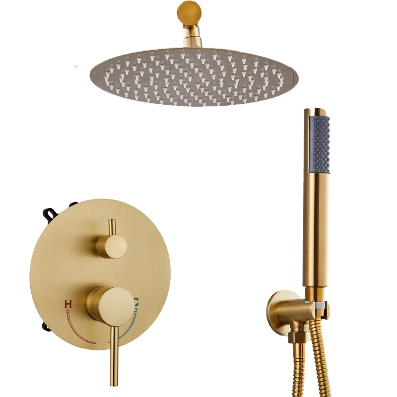 

Golden Wall Mounted Luxury Concealed Bath & Shower Faucet Dusche Bathroom Fixtures Mixers Thermostatic Rainfall Faucets Set