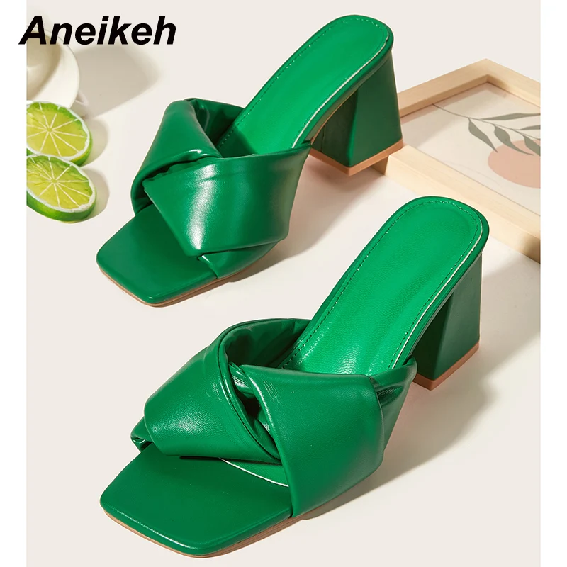 

Aneikeh Fashion 2022 Summer Shallow Slippers Square Heel Women's Shoes Square Toe Party Pleated Chunky Heel legant Solid LEISURE