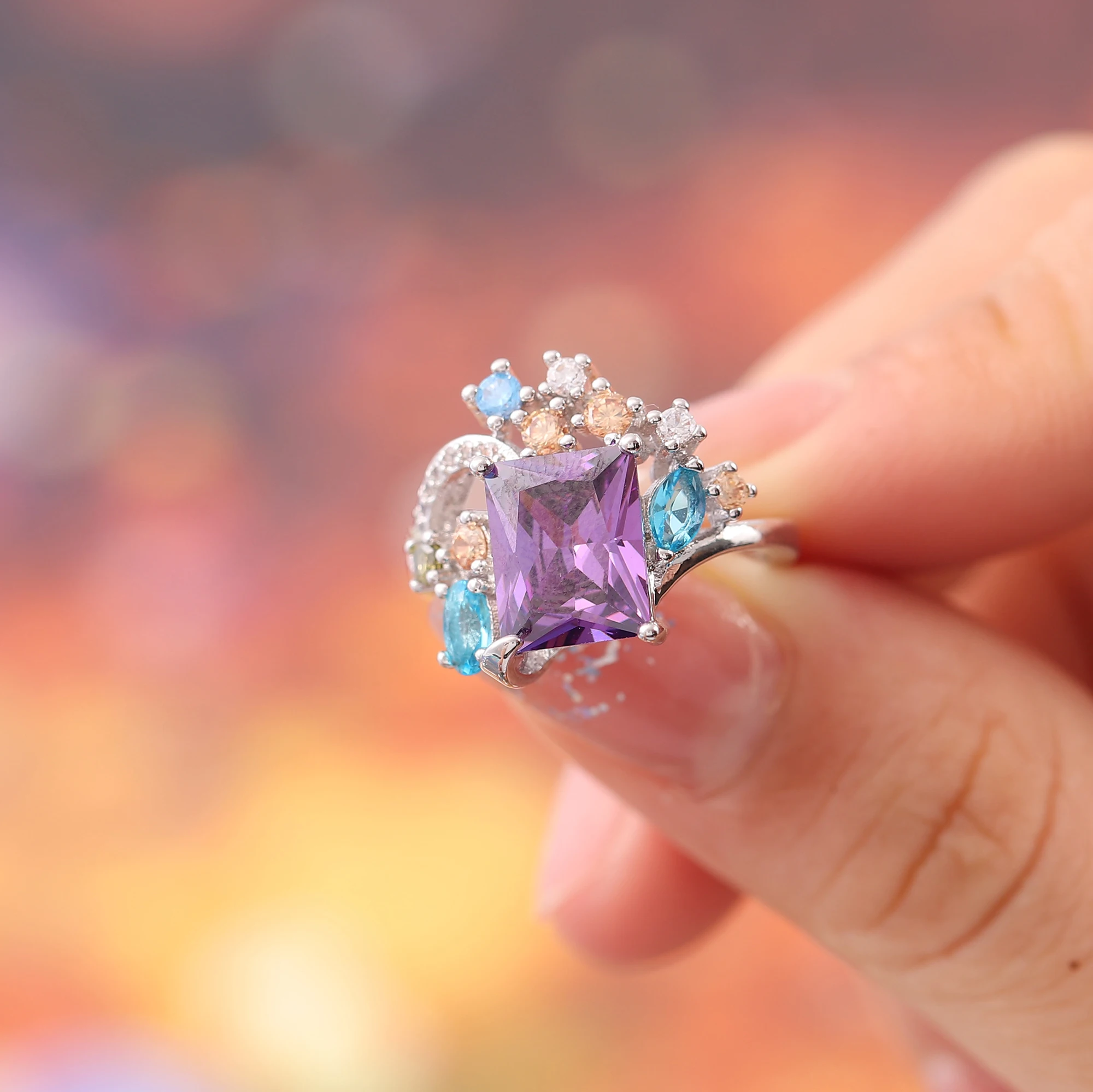 

Fashion New Purple Square Zircon Ring Multi-Color Zircon Euro-American Exaggerated Silver Plated Jewelry Ring Gift for Women