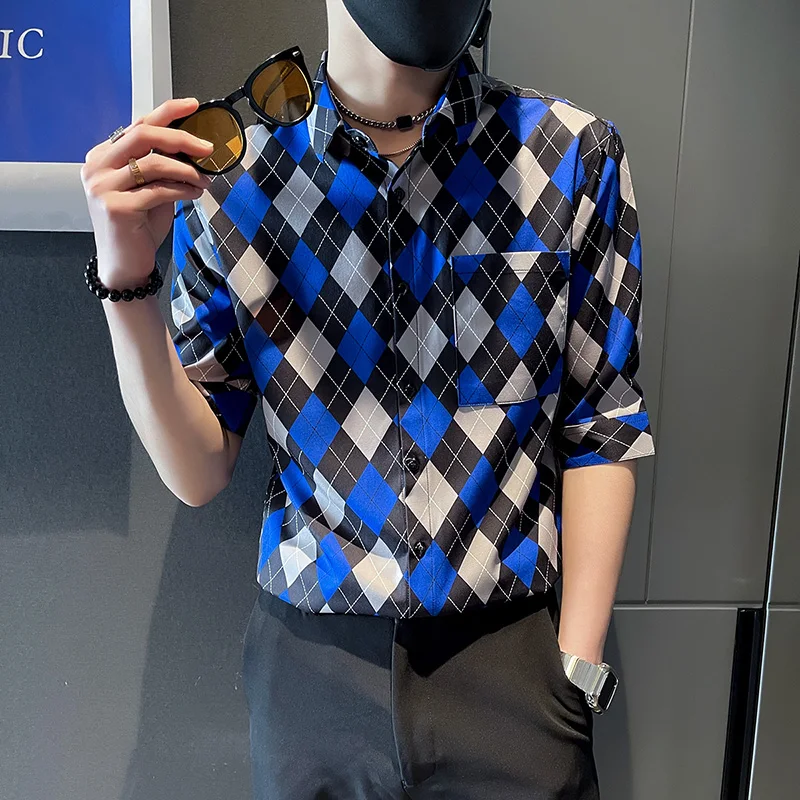 Argyle Printed Shirts Men 2022 Summer Half Sleeve Slim Casual Shirt Business Social Formal Dress Shirts Streetwear Men Clothing