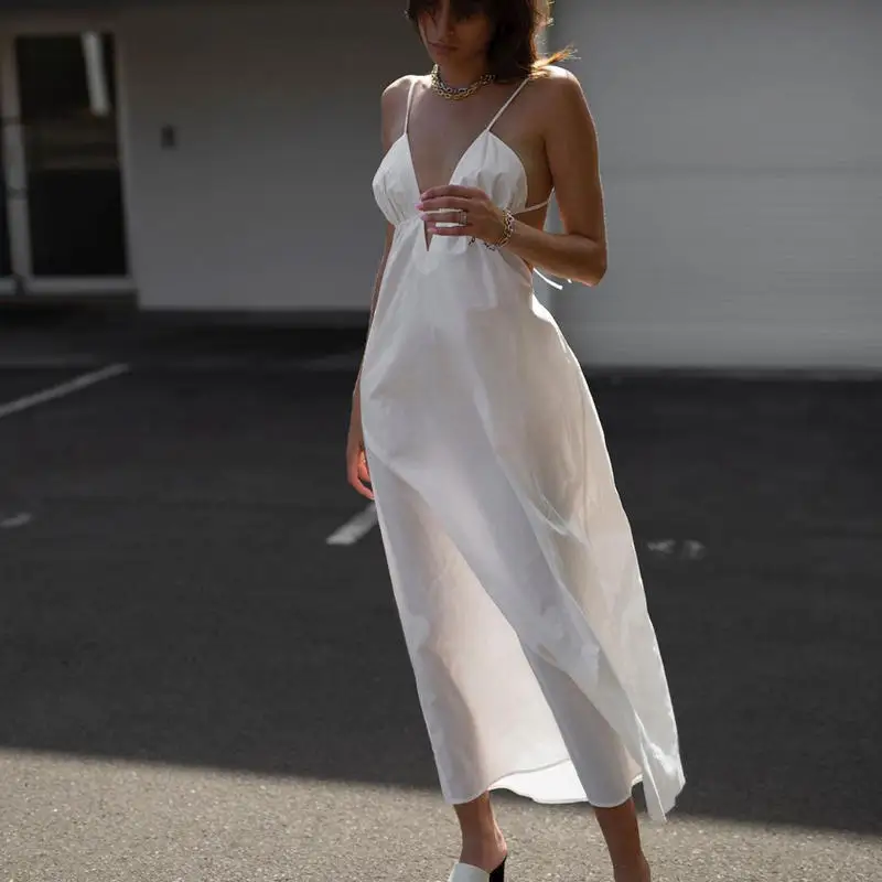 

Holiday Women Casual Dresses Summer 2022 Sexy Open Back Deep V Neck Long Maxi Dress White Vacation Outfits