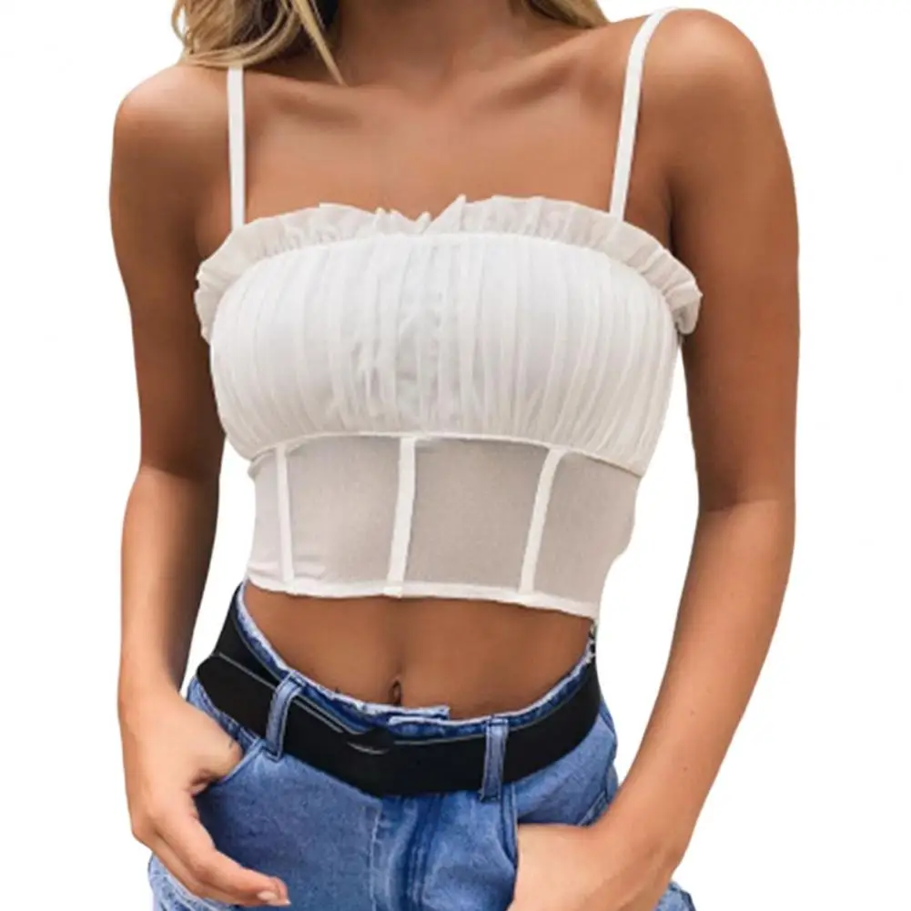 

Skin-touch Thin See-Through Mesh Splicing Sling Crop Top Female Clothing