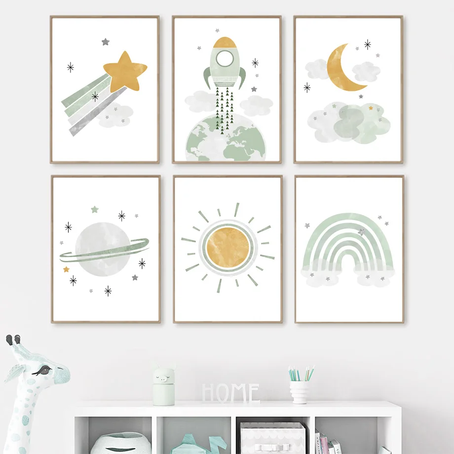 

Space Rocket Planet Stars Moon Rainbow Nordic Posters Canvas Painting And Prints Nursery Wall Art Wall Pictures Child Room Decor