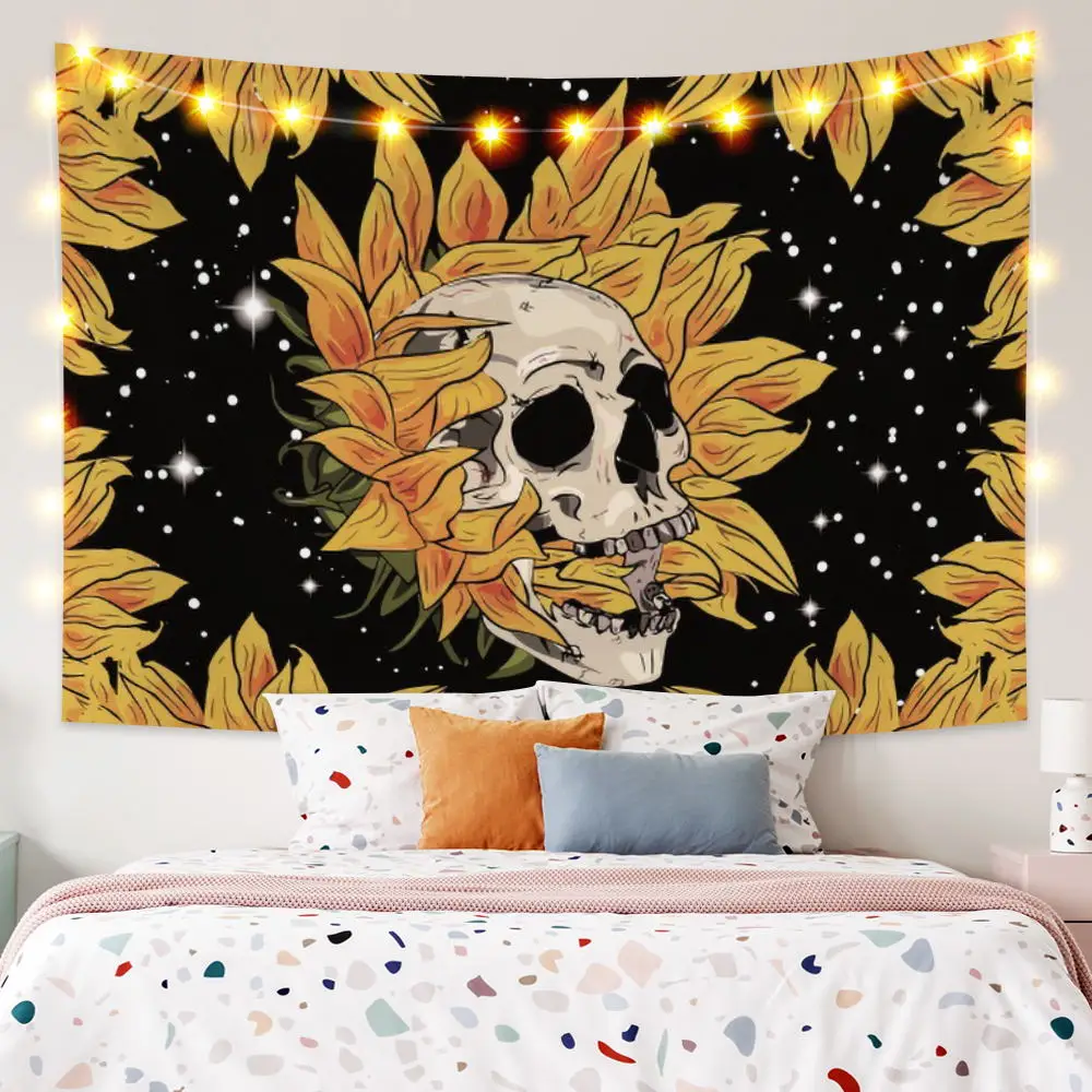 

Sunflower Skeleton Skull Tapestry Flower Star Bohemian Hippie Wall Hanging Living Room Dorm Home Decor Wall Carpet Tapestries