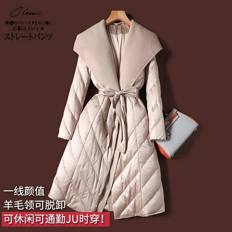 Luxury Long Women Jacket  90%  White Duck Down Thin Lace Up Autumn/Winter  Adjustable Waist Wool Hat Detachable