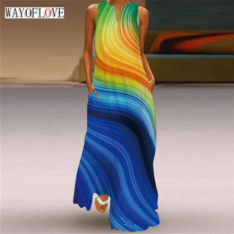 

WAYOFLOVE Ladies Spring Summer Gradient Long Dress Sleeveless Loose V-neck Casual Beach Dresses Elegant Vintage Maxi Dress Women