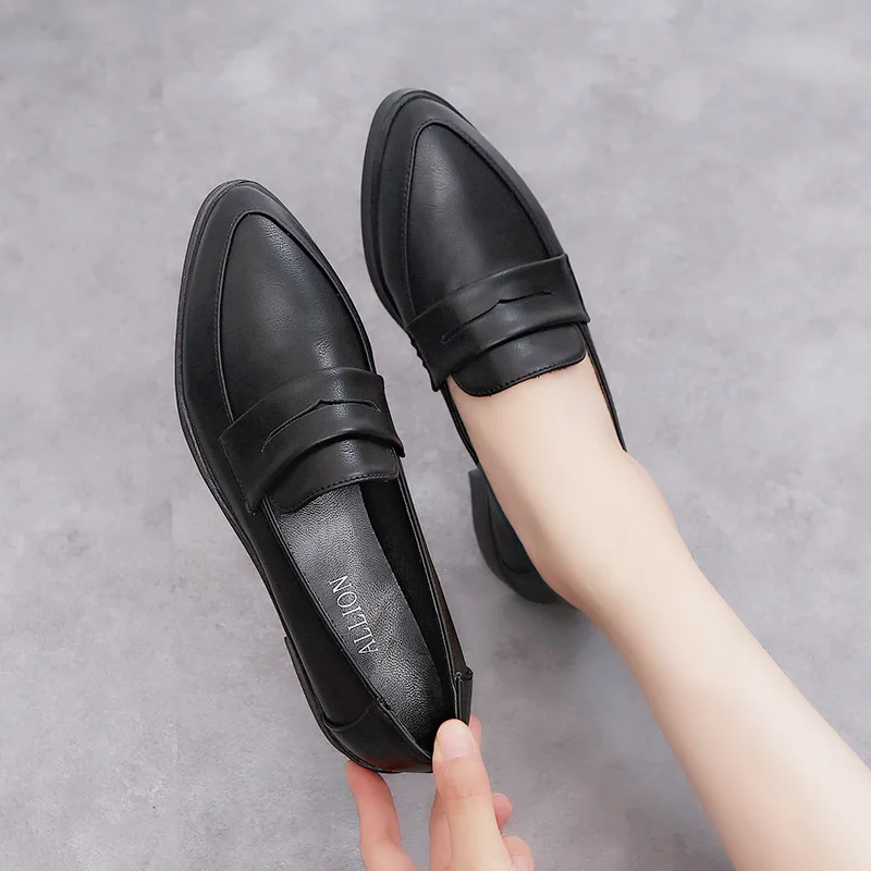 

Autumn Spring Women Thick Low Heel Shallow PU Loafers Female Slip on Casual Comfort Oxford Shoes Pointed Ladies Fashion Footwear