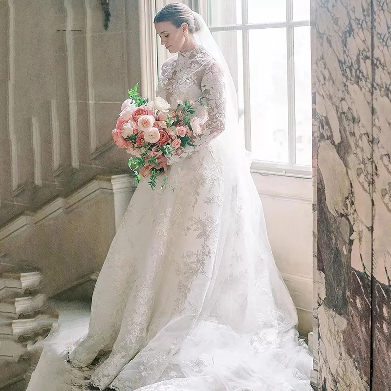 

Vintage Lace High Neck Wedding Dresses Long Sleeves Elegant A-Line Boho Bridal Gowns Ivory Appliques Princess Bride Dress 2023