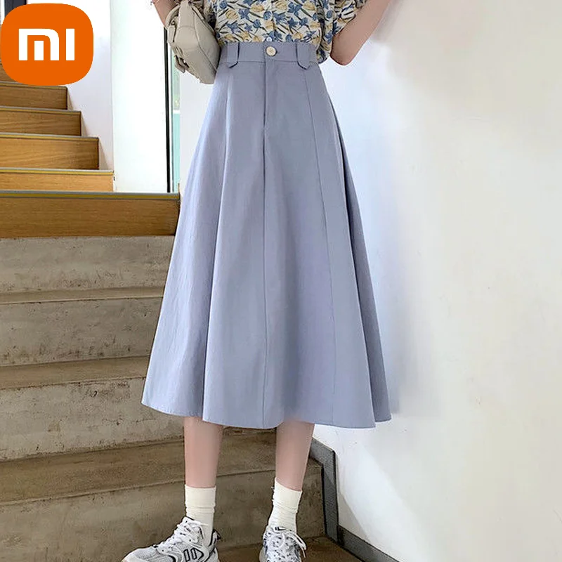 

Xiaomi Elegant Skirt for Women Summer Casual A-Line Kawaii Midi Skirt Female Designer Solid High Waist Fit Chic Sweet Skirt