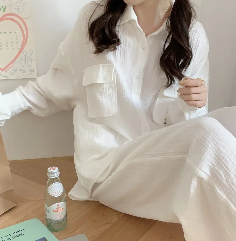 

White Cotton Gauze Women Sleepwear Autumn Winter Turn Down Collar Pajamas Set Long Sleeve Soft Pants Home Clothes Out Wear S403