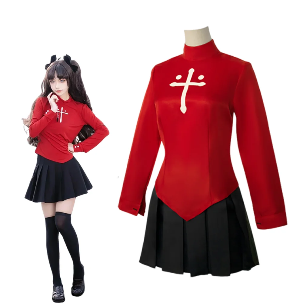 Фото Fate Stay Night Tohsaka Rin Аниме Косплей Костюм Комплект - Красная Рубашка Юбка Женское Платье на Хэллоуин с Головным Убором для Ролевых Игр №1
