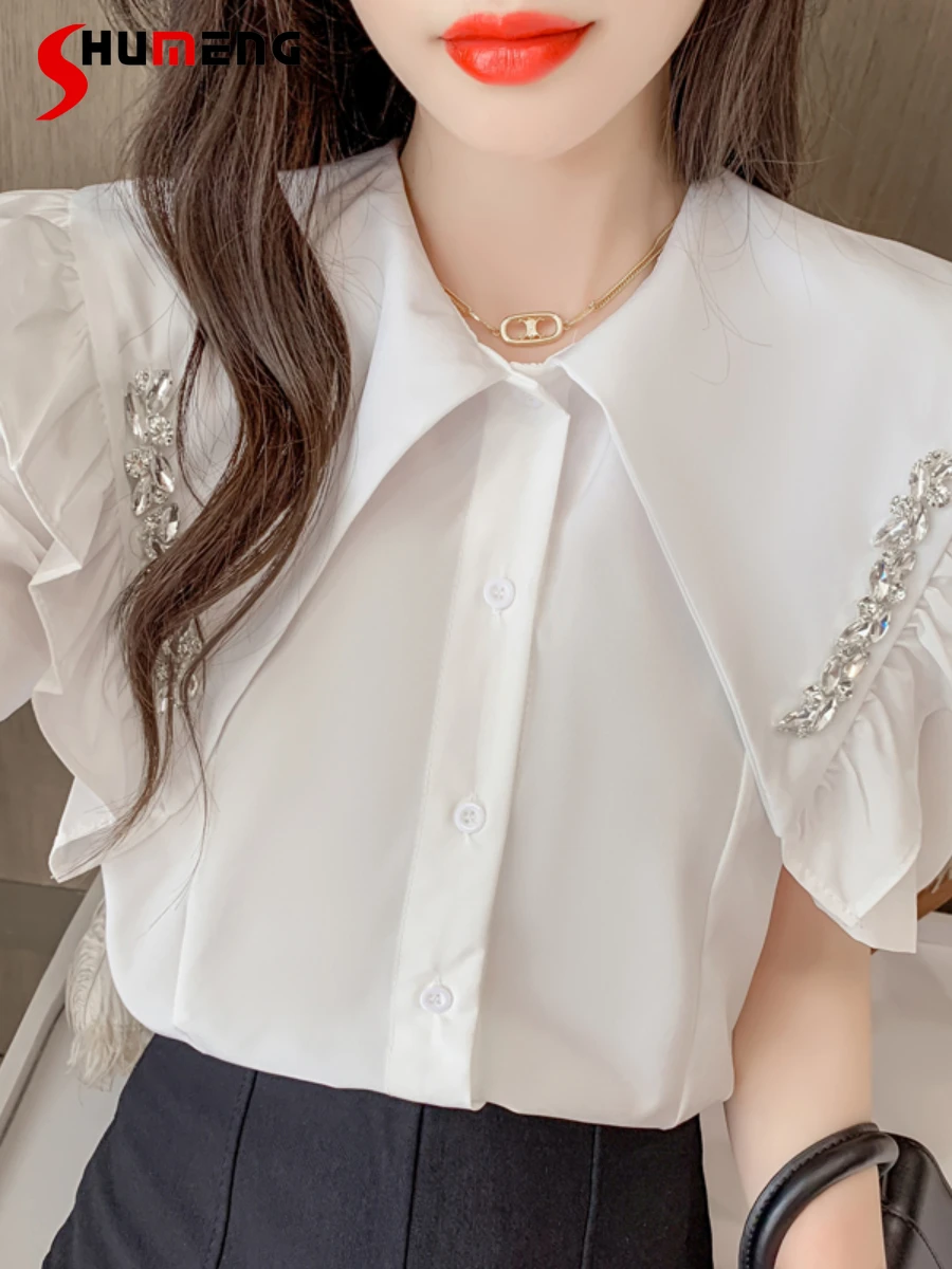 

Temperament Tops Camisas Para Mujer 2022 Summer New French Diamond-studded Ruffles Stitching Large Lapel Button Up Shirt Women
