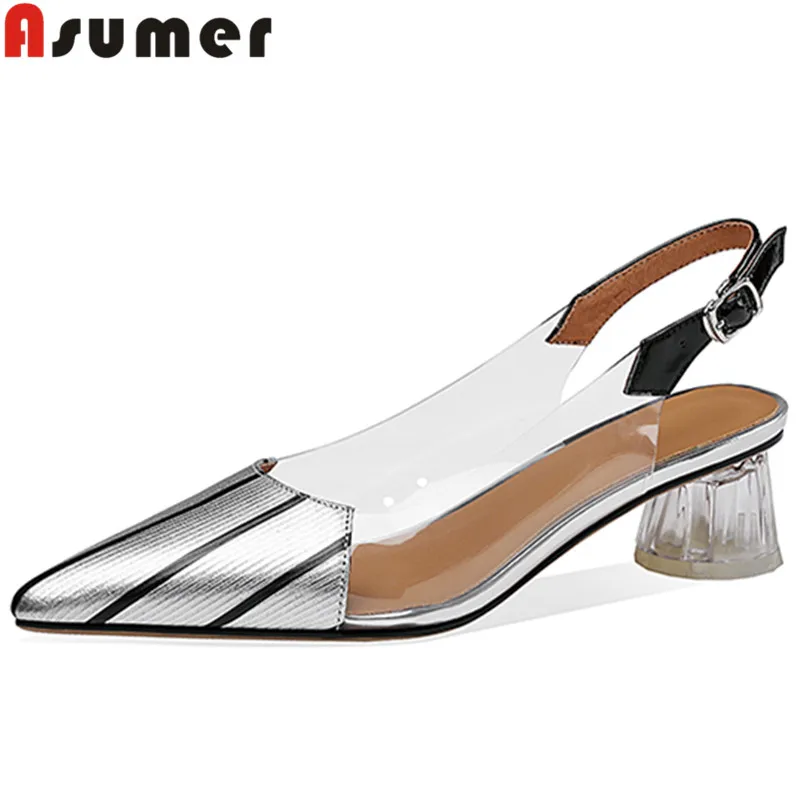 

Женские босоножки ASUMER из натуральной кожи, на толстом среднем каблуке, с ремешком сзади