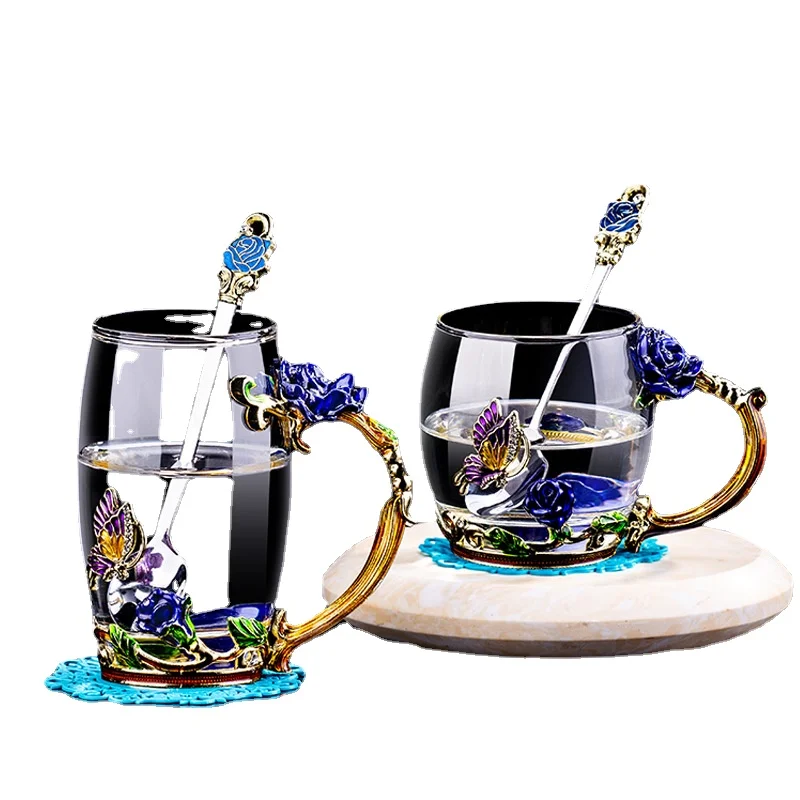 

Red Blue Rose Enamel Crystal Tea Cup Coffee Mug Butterfly Rose Painted Flower Water Cups Clear Glass with Spoon Set Perfect Gift