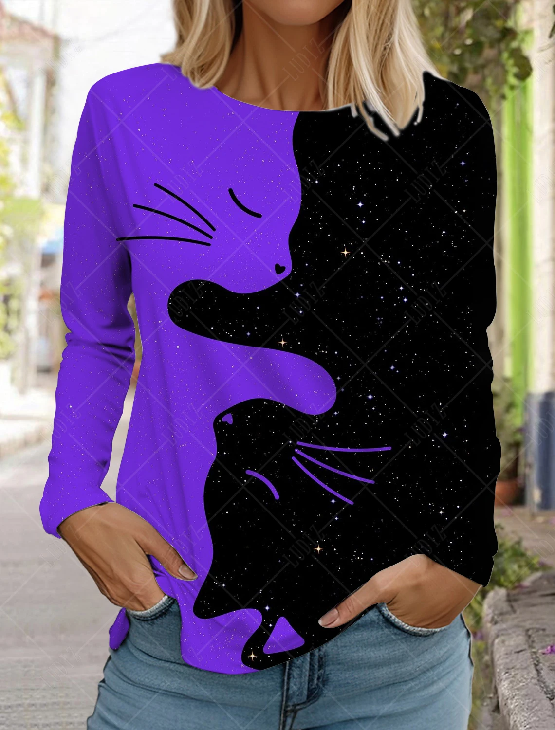 

2024 Fashion Design Women's T shirt 3D Print Kawaii Cat Graphics Long Sleeve Crew Neck Regular Fit Spring/Fall Funny Sportwears