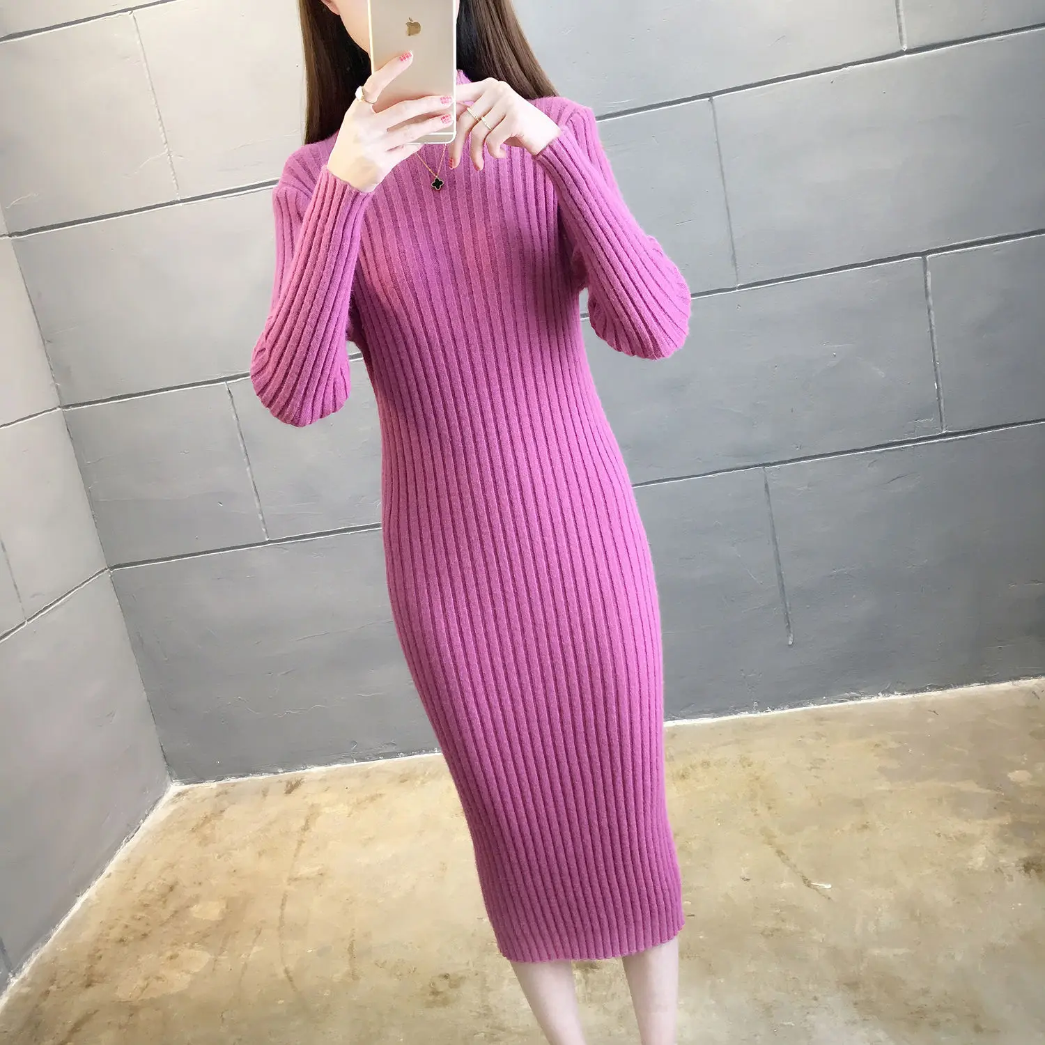 

Женское трикотажное платье-свитер, Элегантное трикотажное платье до середины икры с высоким воротником, модель T112 на осень и зиму