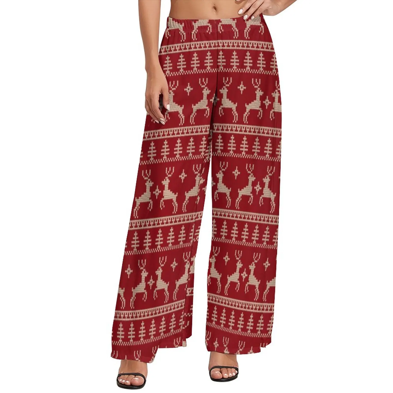 

Christmas Nordic Animal Pants Fair Isle Red Deer Sexy Wide Leg Pants Female Oversized Aesthetic Graphic Straight Trousers