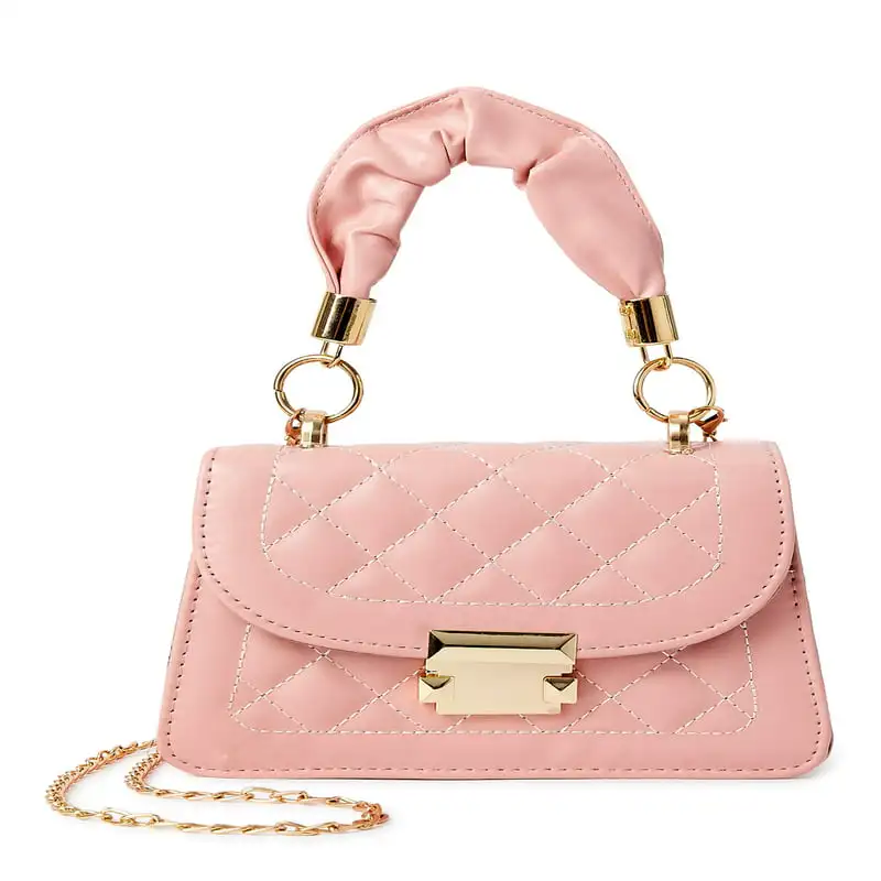 Color Stunning Women's Rouched Top Handle Mini Quilted Faux Leather Crossbody with Removable Chain Strap, Blush Color