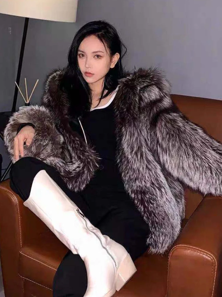 Fashion Long Sleeve Faux Fox Fur Hooded Coat Women 2022 Winter Elegant Ladies High Street Short Coats Casual Outwear