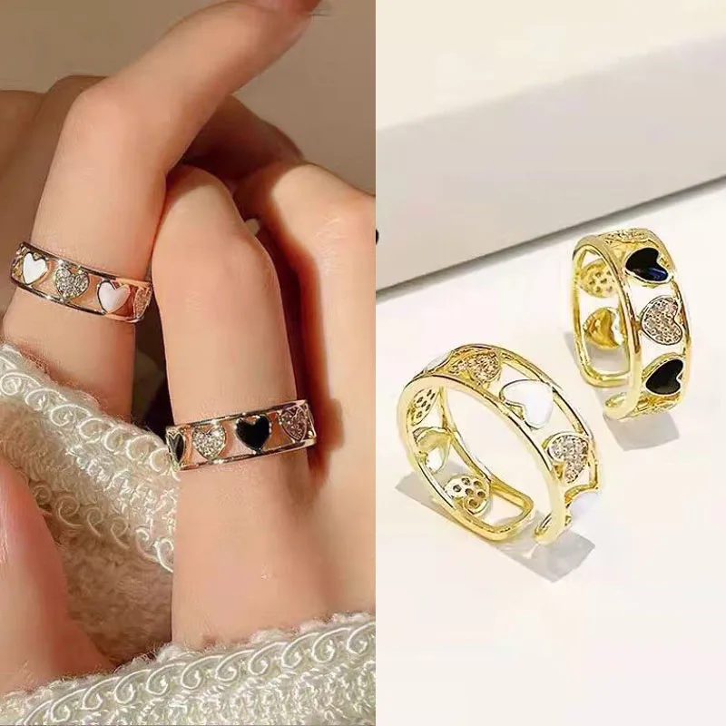

2023 New Luxury Metal Alloy Crystal Love Heart Hollow Open Rings For Women Couple Gold Color Exquisite Ring Fashion Jewelry Gift