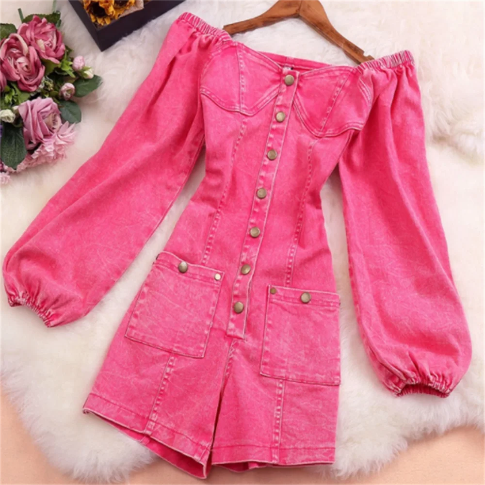 

Женский джинсовый комбинезон с одним рядом пуговиц, розовые шорты с длинными рукавами и плечами, 2023