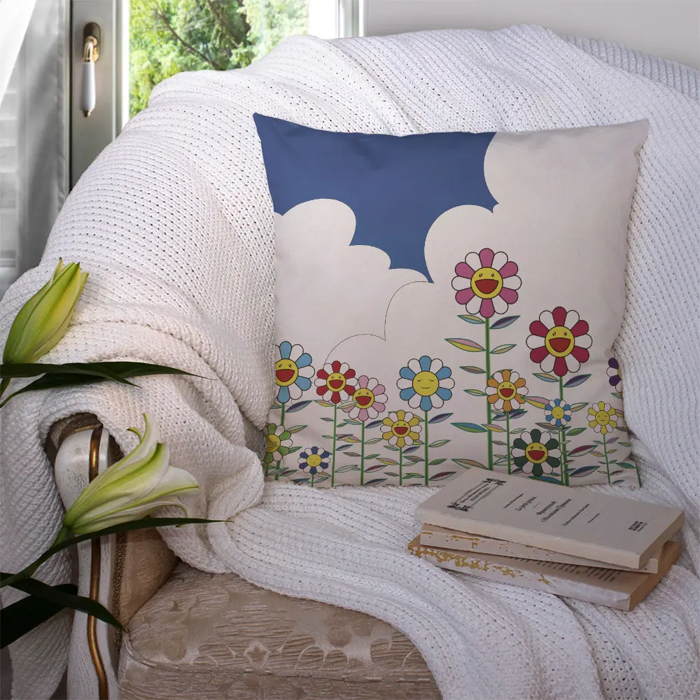 

Home Decor Backrest Sofa Pillow Cover Japanese Sunflower Smile Cartoon Cushion Cover