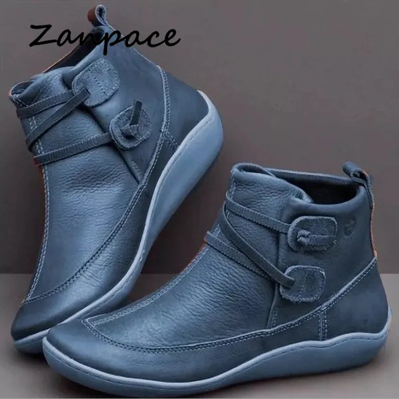 Autumn Casual Booties Women 2019 Large Size 43 Leather Ankle Boots for Women Round Toe Women's Shoes Flat with Zapatos De Mujer
