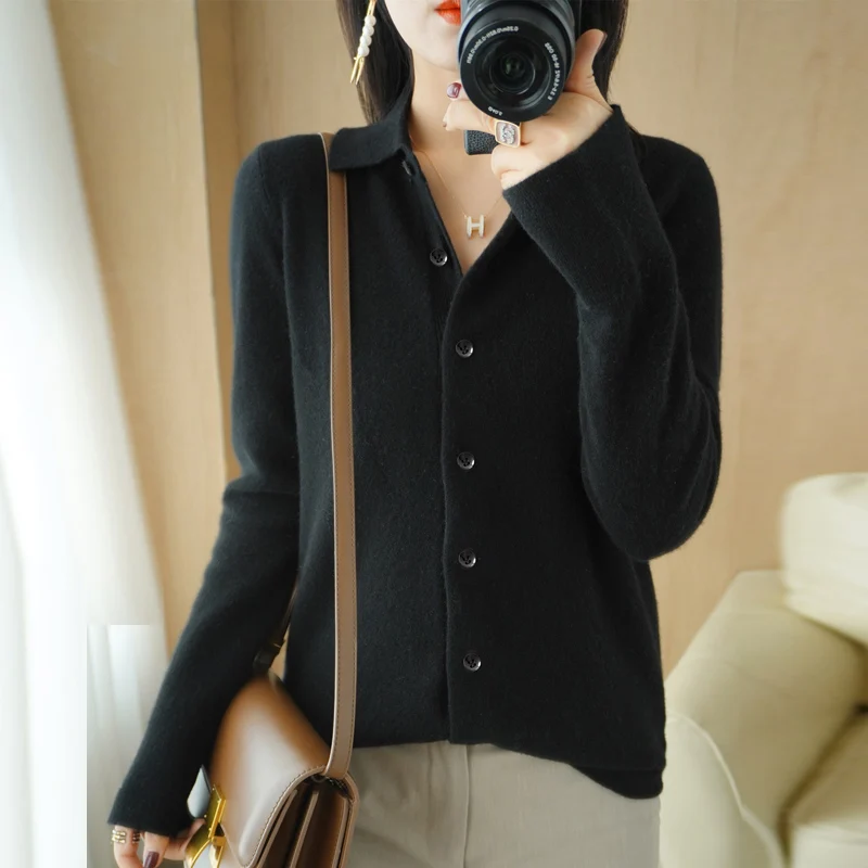 

2022 Spring And Autumn New POLO Collar Women's Knitted Sweater Cardigan Long-Sleeved Coat Slim Fit All-Match Top Solid Color