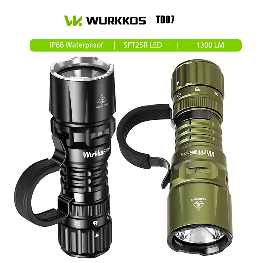 Фото Тактический фонарь Wurkkos TD07, 1300 лм, дальность 479 м, IP68, перезаряжаемый, с аккумулятором 18350, портативный, для кемпинга, патрулирования, спасательных работ №1