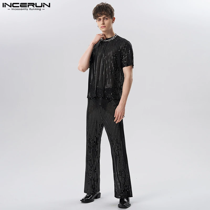 

Stylish Hot Sale Sets INCERUN New Men's Short Sleeved T-shirts Long Pants Fashion Hot Sale Polka Dots Shiny Two-piece Sets S-5XL
