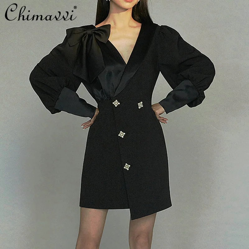 

Fashion Black Dress Women 2022 Spring Clothes New Hepburn Style Socialite French Satin High Waist Slimming Elegant Short Dress