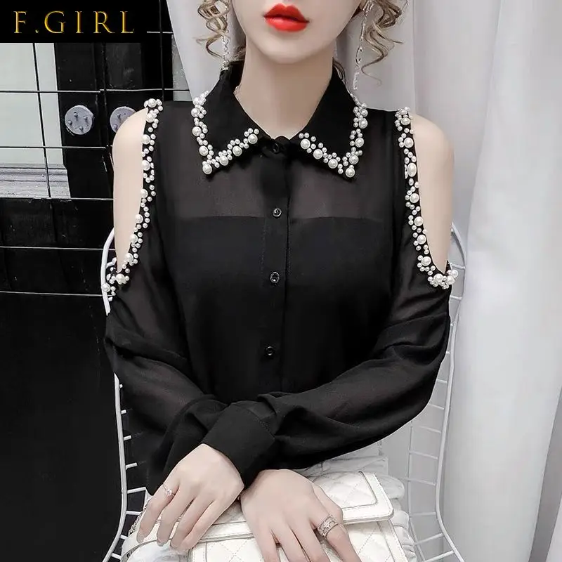 

Fashion Off Shoulder Beading Lapel Loose Chiffon Shirt Oversized Casual Button Long Sleeve Women's Clothing Blouse Commute Tops