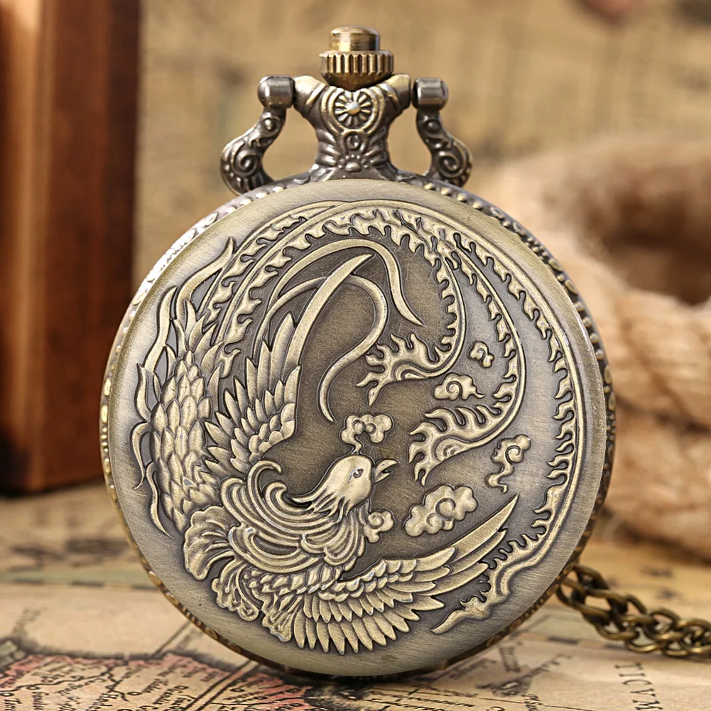 

Beautiful Phoenix Pocket Watch Retro Bronze Quartz Watch Vivid Phoenix Pattern Pendant Chain Clock Necklace Creative Chic Gift