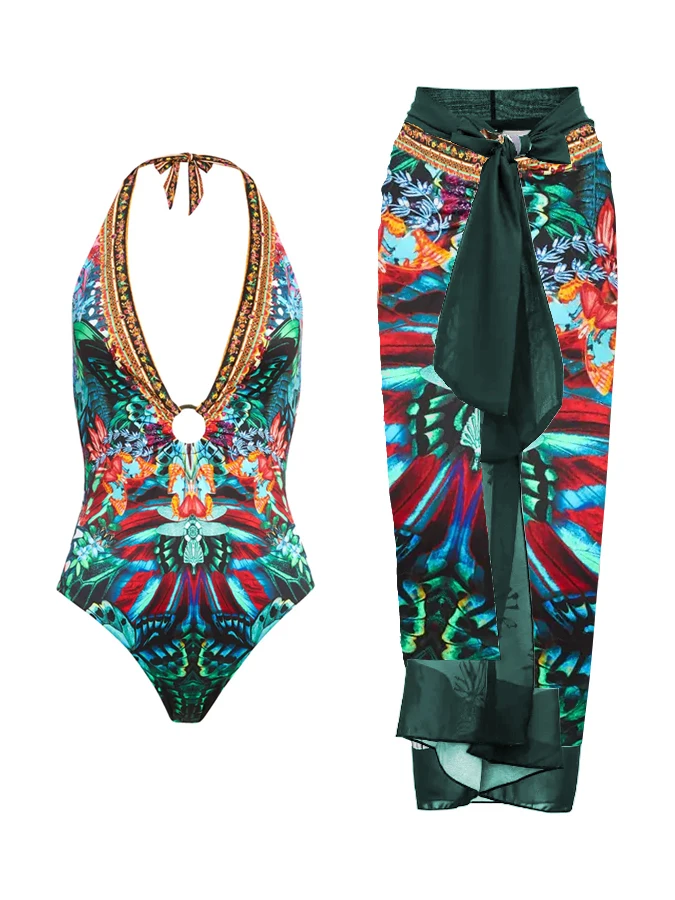 

Female Retro Bikini One-Piece Swimsuit Printing Swimwear Sexy Backless Women 2023 Beach Bathing Suits