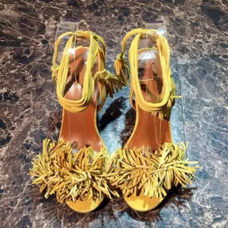 Пикантные желтые красные синие замшевые сандалии с бахромой со шнуровкой на