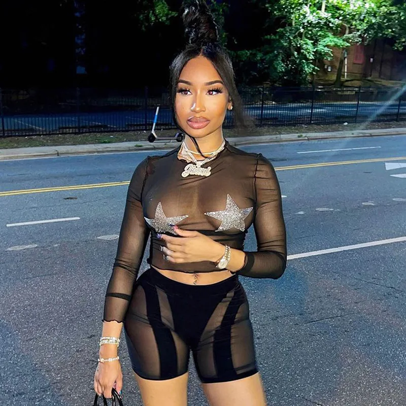 

Women Sexy O Neck Long Sleeve Crop Top + Shorts Skinny Club Party Outfits Summer Star Rhinestone Sheer Mesh Short Two Piece Set