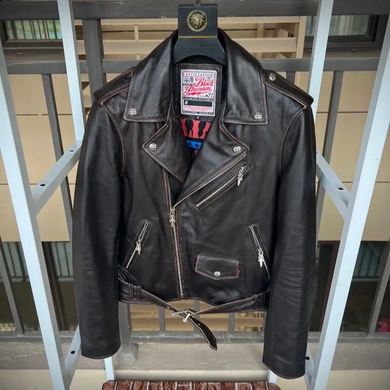 

Motorcycle Style Vintage Black Spring Leather Jacket Men Diagonal Zipper Natural Cowhide Slim Fit Short Genuine Leather Coat