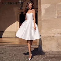 simple satin short wedding dresses backless knee length a line bride gowns princess party prom dress with pockets robe de soir%c3%a9e