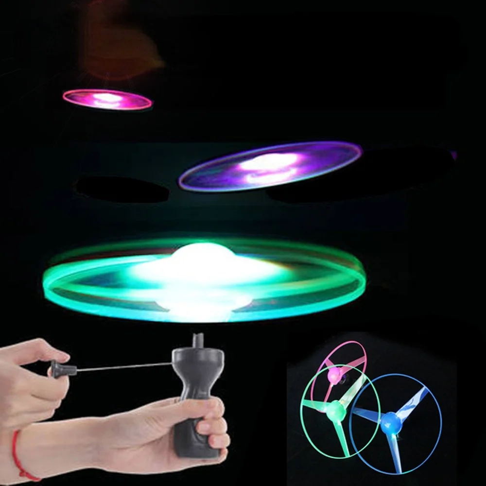 

LED Lighting Flying Disc Propeller Helicopter Toys Pull String Flying Saucers UFO Spinning Top Kids Outdoor Toys Fun Game Sports