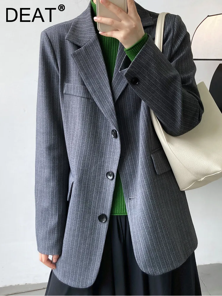 

DEAT Fashion Women's Blazer Causal Notched Collar Loose Single Breasted Long Sleeve Striped Suit Jackets Autumn 2023 New 17A4794