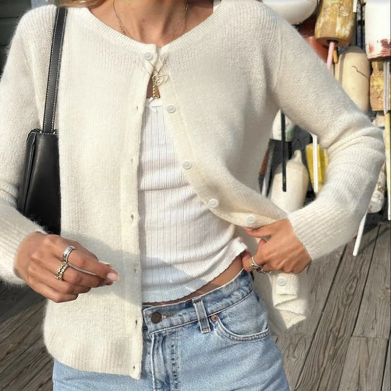 CIBBAR Однотонный Кардиган На Пуговицах Y2K Винтажный Женский Свитер С Длинными